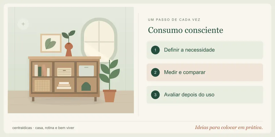 Ilustração de um armário organizado com livros e plantas, acompanhada das etapas: Definir a necessidade, Medir e comparar, Avaliar depois do uso.