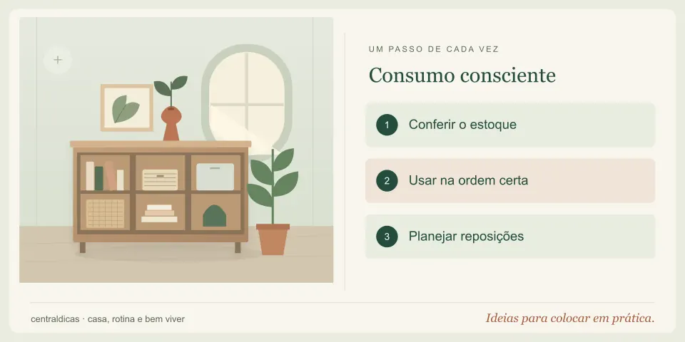 Ilustração de um armário organizado com livros e plantas, acompanhada das etapas: Conferir o estoque, Usar na ordem certa, Planejar reposições.