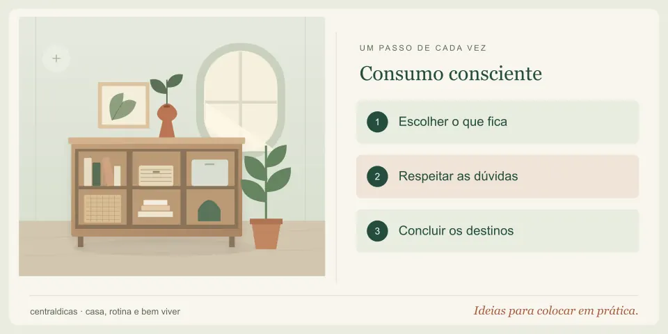 Ilustração de um armário organizado com livros e plantas, acompanhada das etapas: Escolher o que fica, Respeitar as dúvidas, Concluir os destinos.
