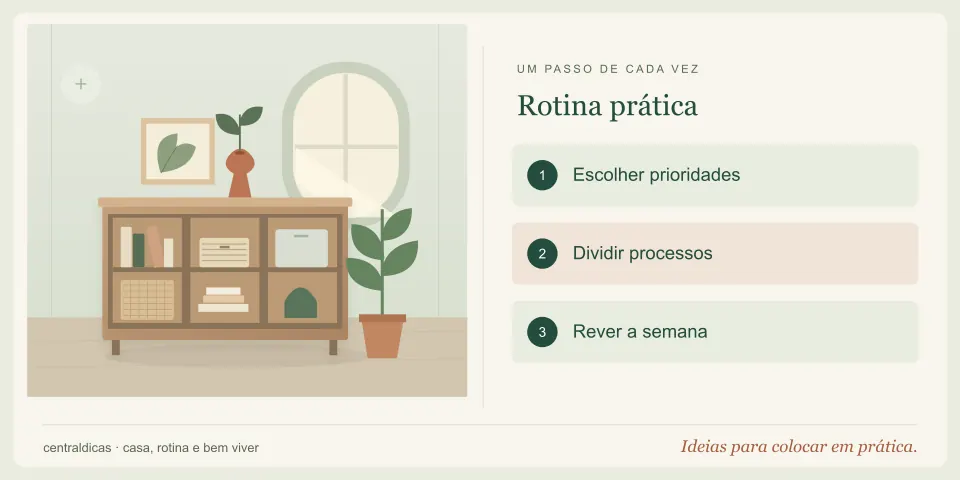 Ilustração de um armário organizado com livros e plantas, acompanhada das etapas: Escolher prioridades, Dividir processos, Rever a semana.